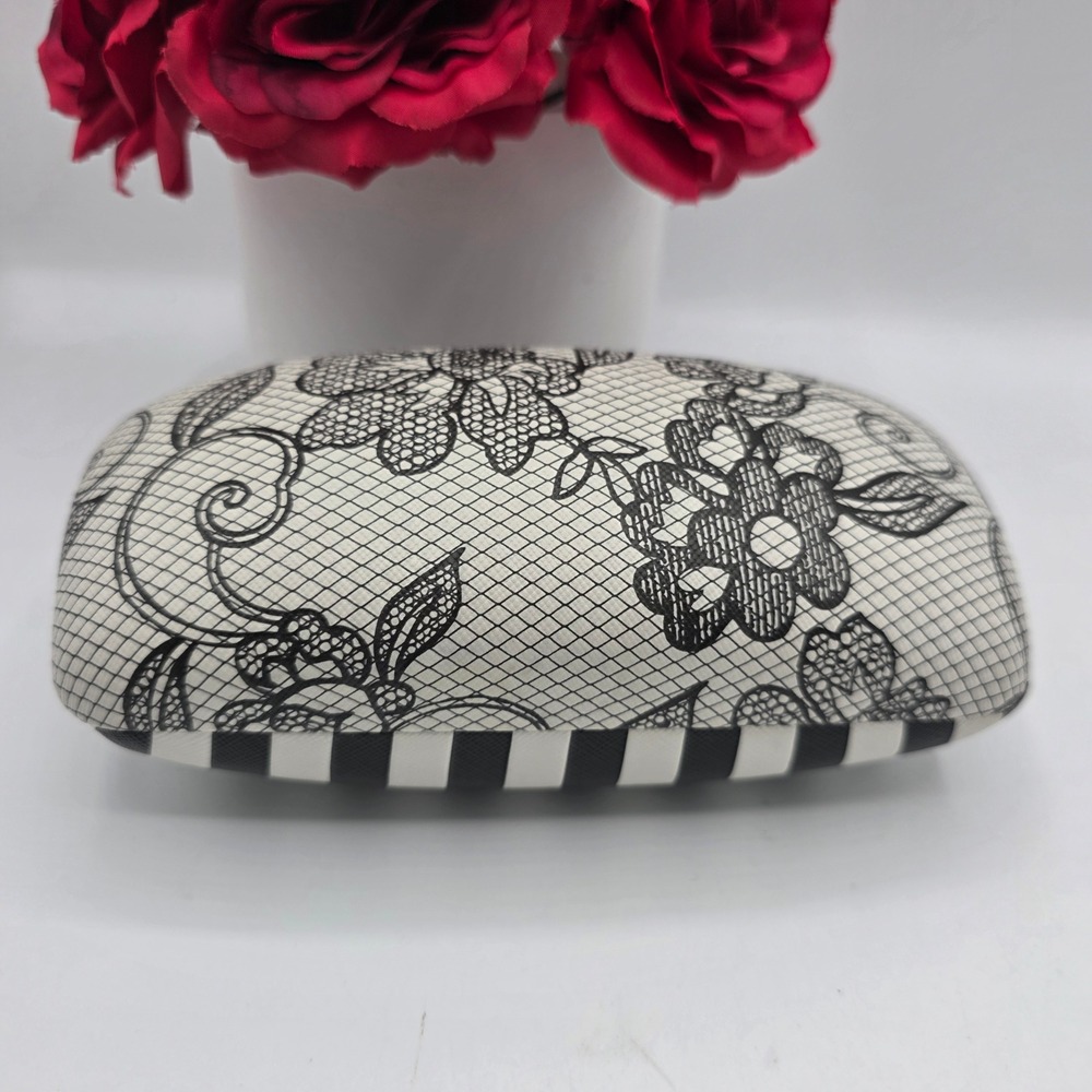 Hard Candy Eyeglass Case Black White Floral Lace Striped Hot Pink Interior‎
